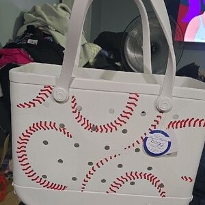BOGG BAG White Tote with Red Baseball Stitch Design. Never Used.
